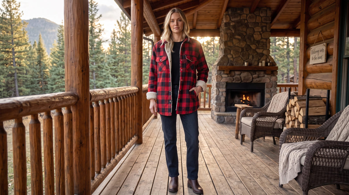 Red buffalo plaid shacket with sherpa trim worn open with jeans on a rustic cabin porch.