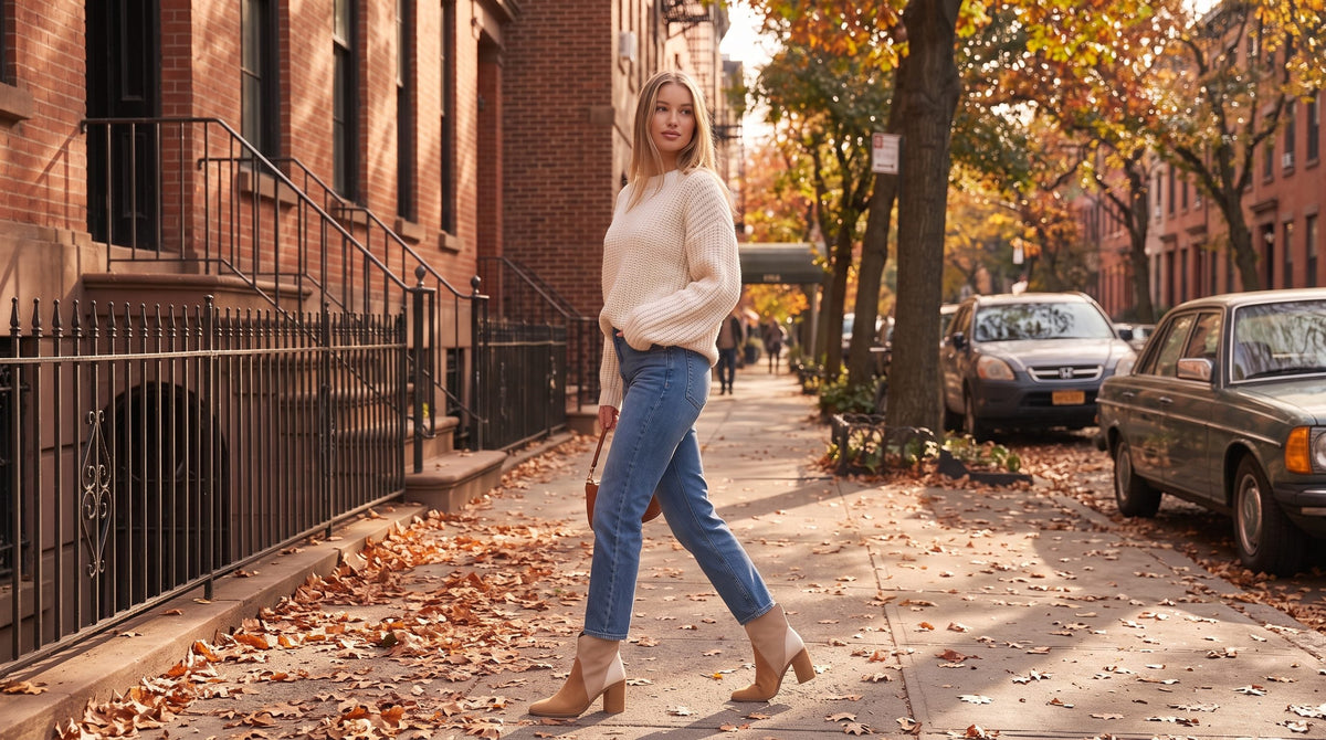 Woman in jeans and a cream sweater wearing tri-tone square-toe ankle booties on an autumn street