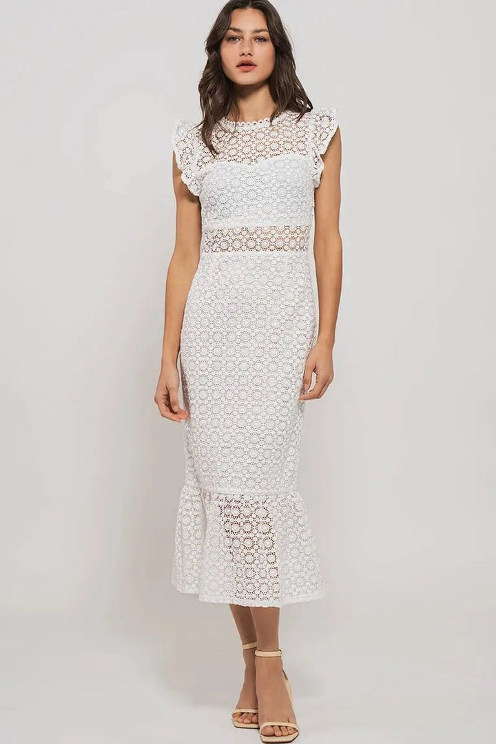 Dancing Flowers White Lace Scalloped Ruffle-Sleeve Midi Dress Urban Daizy
