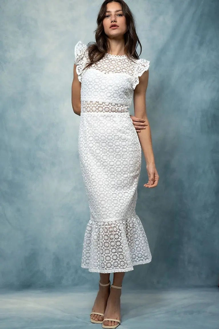 Dancing Flowers White Lace Scalloped Ruffle-Sleeve Midi Dress Urban Daizy