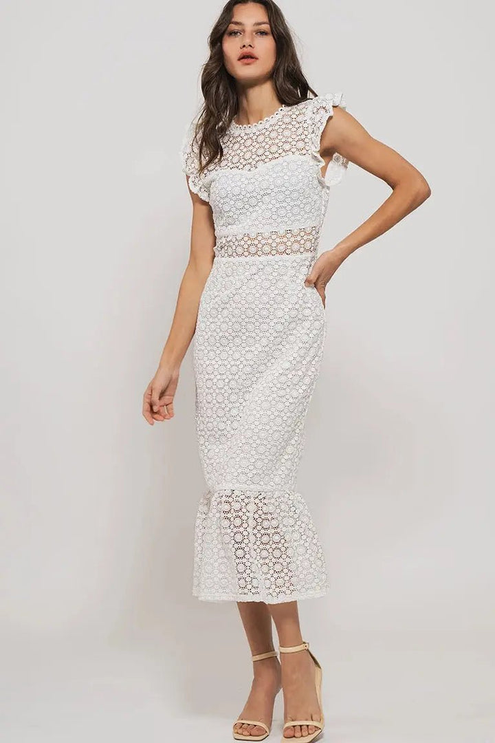 Dancing Flowers White Lace Scalloped Ruffle-Sleeve Midi Dress Urban Daizy
