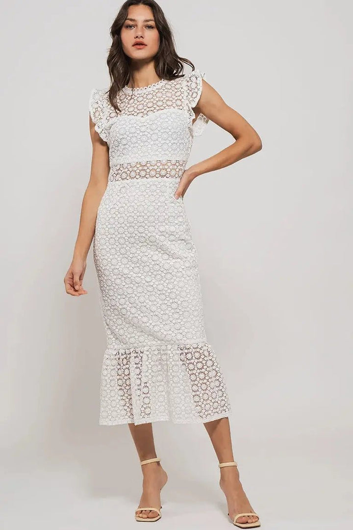 Dancing Flowers White Lace Scalloped Ruffle-Sleeve Midi Dress Urban Daizy