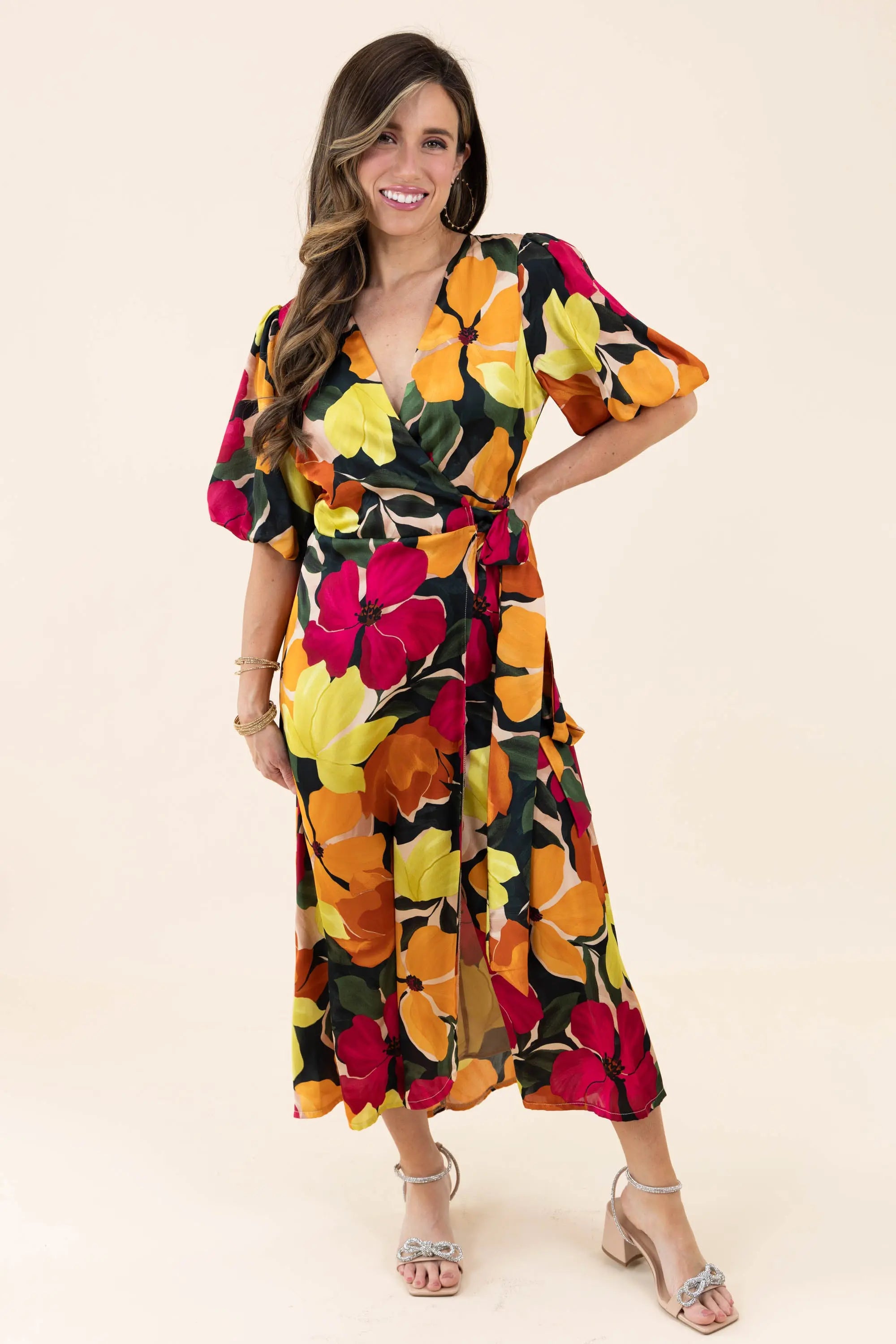 Bold Floral Wrap Midi Dress | ShopBezza