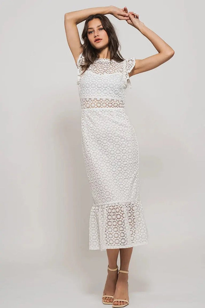 Dancing Flowers White Lace Scalloped Ruffle-Sleeve Midi Dress Urban Daizy