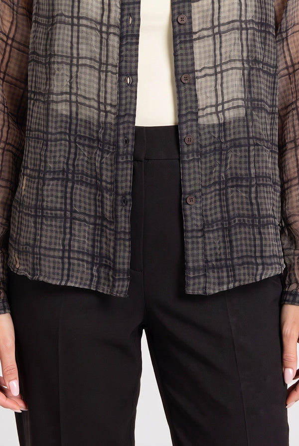 Just Looking Sheer Plaid Button-Up Blouse, Front