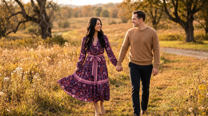 A woman in a belted floral maxi dress walks hand in hand with her partner through an autumn meadow at golden hour.