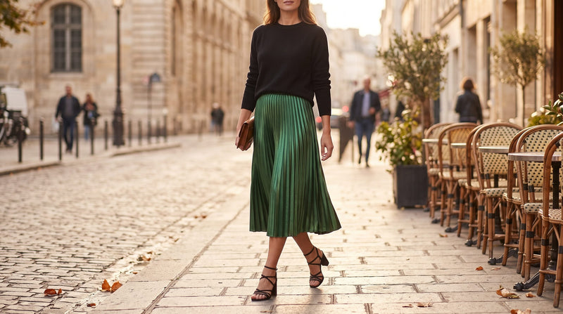Emerald green metallic pleated midi skirt styled for a night out