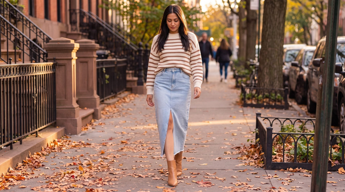 Light blue denim midi skirt with a front slit worn with a knit and ankle boots on a fall street