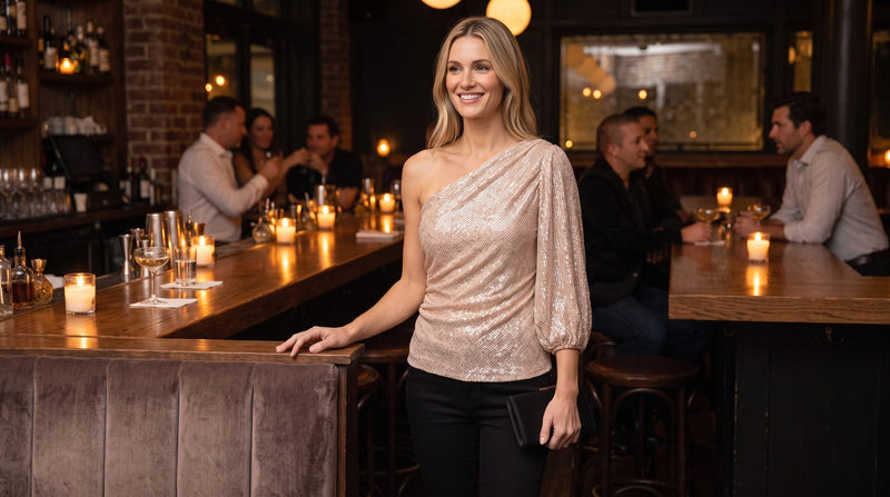 One-shoulder sequin top worn with black trousers and a black clutch in a candlelit bar