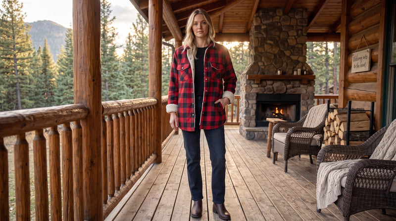 Red buffalo plaid shacket with sherpa trim worn open with jeans on a rustic cabin porch.