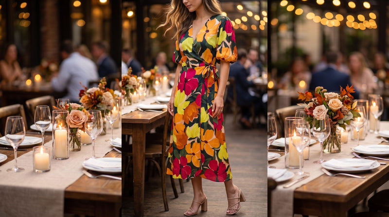 Woman in a floral bubble sleeve midi wrap dress and block heels beside a candlelit dinner table set for a rehearsal dinner.