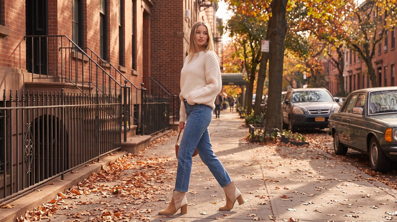 Woman in jeans and a cream sweater wearing tri-tone square-toe ankle booties on an autumn street
