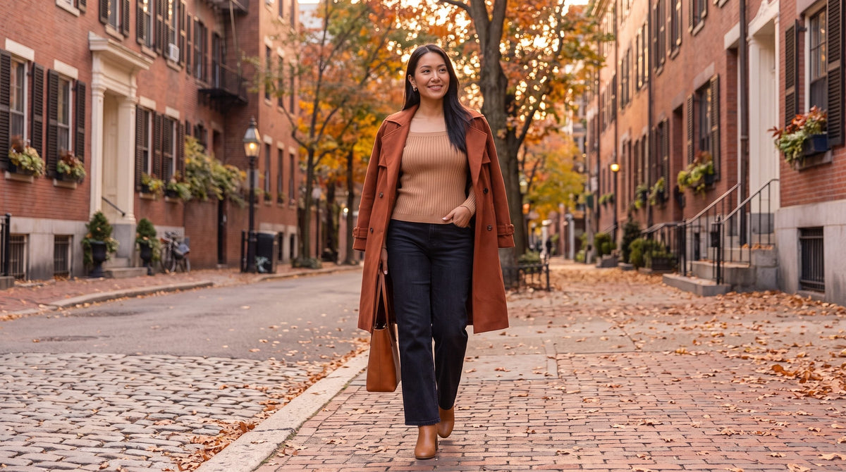 Woman on a fall city street wearing the tan My Way Square Neck Sweater.