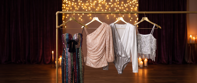 A rainbow sequin jumpsuit, a blush sequin one-shoulder top, a silver bodysuit and a silver fringe cami on a brass rail before velvet curtains, fairy lights and candles