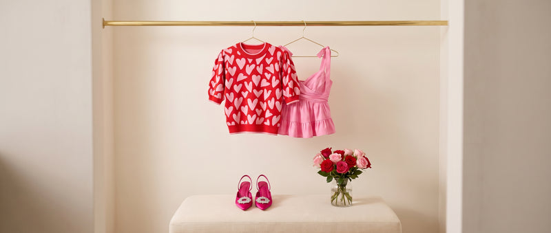 A red heart-print sweater and a pink ruffle top on a brass rail, pink jewelled slingback heels and a vase of red and pink roses on a cream bench