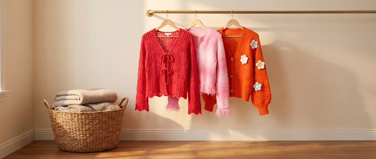 A red tie-front cardigan, a fluffy pink fringed cardigan and an orange cardigan with white flowers on a brass rail beside a woven basket
