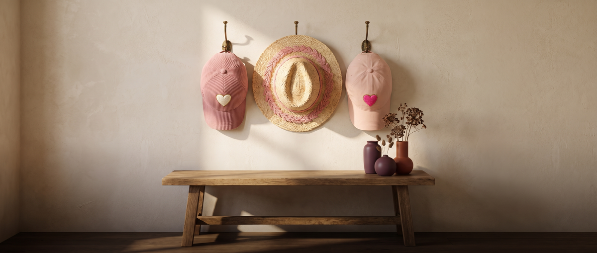 A straw hat between two pink heart baseball caps hanging on hooks above an oak bench