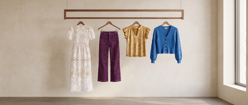 A white crochet lace midi dress, plum corduroy wide-leg pants, a gold ruffle-sleeve top and a blue cardigan hanging on a wooden rail in a bright studio