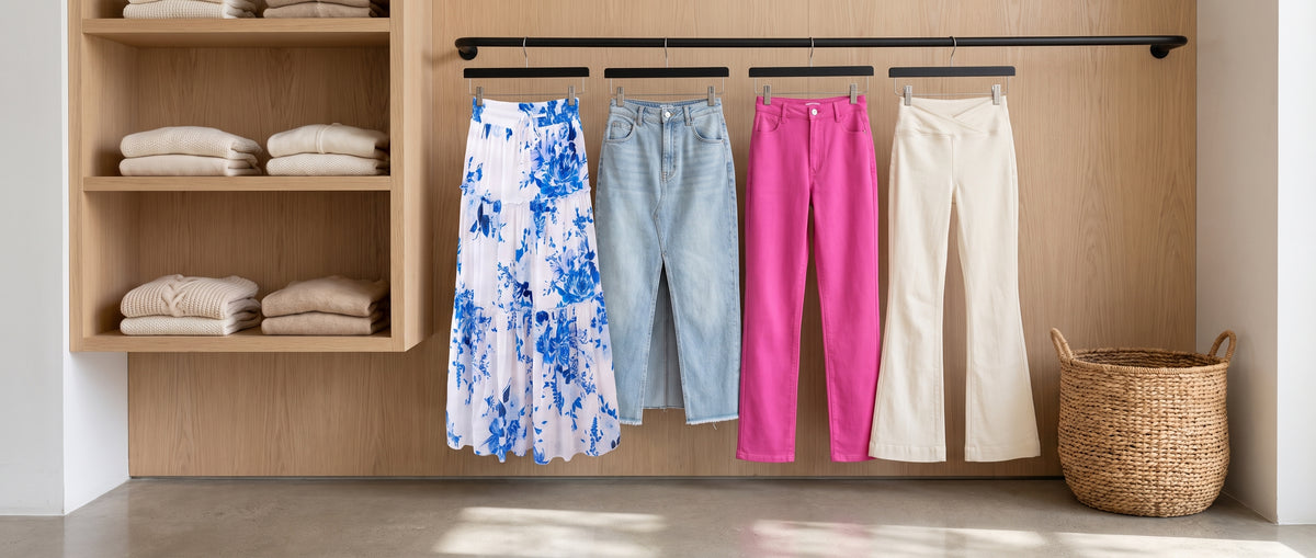 Blue floral maxi skirt, denim midi skirt, hot pink trousers and cream flare jeans hanging on a black rail against oak panelling
