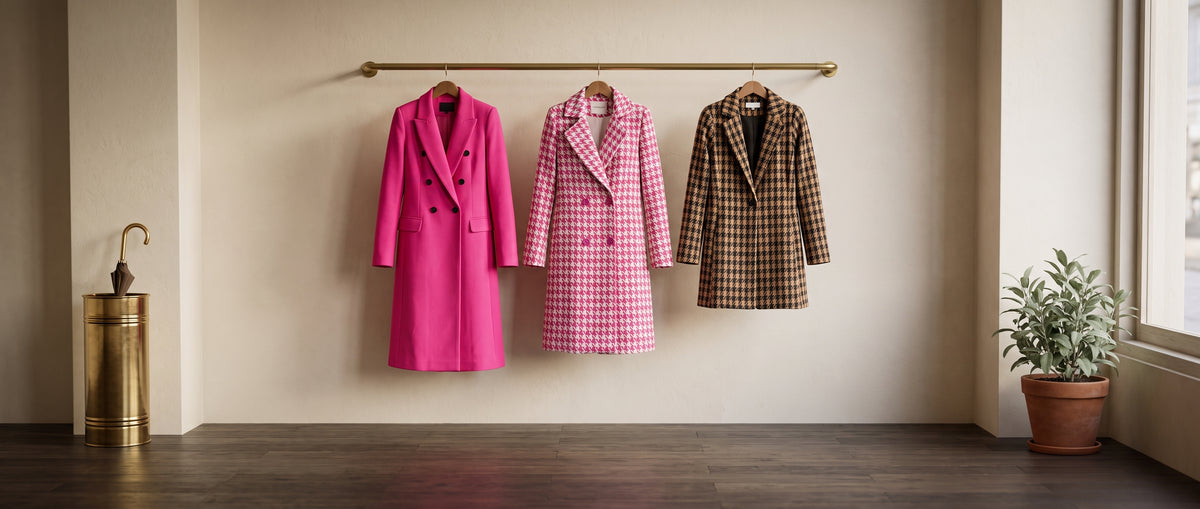 Coats together: a bright pink double-breasted coat, a long pink houndstooth coat and a houndstooth jacket