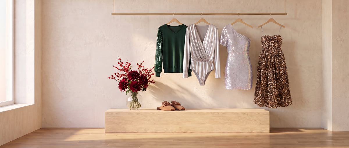 Best sellers on a brass rail: a green sweater with sequin sleeves, a silver shimmer wrap bodysuit, a one-shoulder sequin mini dress and a leopard midi dress with rhinestone straps, tan chain mules and burgundy dahlias on an oak plinth