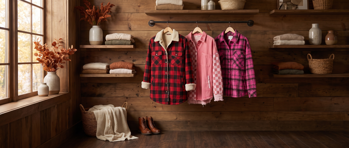 Red buffalo plaid, pink checkerboard and pink plaid shackets on an iron rail in a wood-panelled boutique