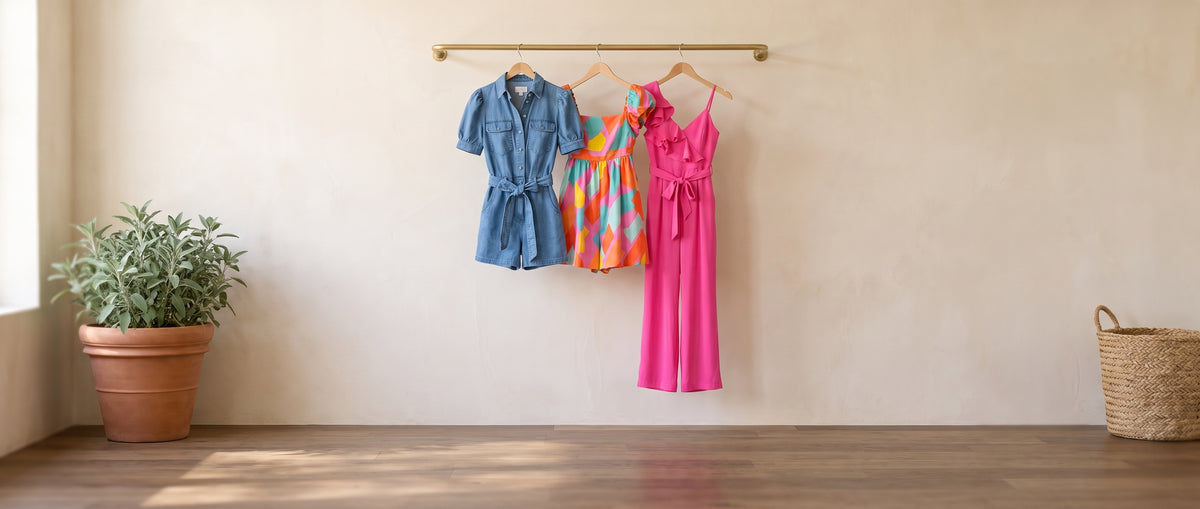 Rompers and jumpsuits together: a denim romper, a colourful printed romper and a pink ruffle-shoulder jumpsuit
