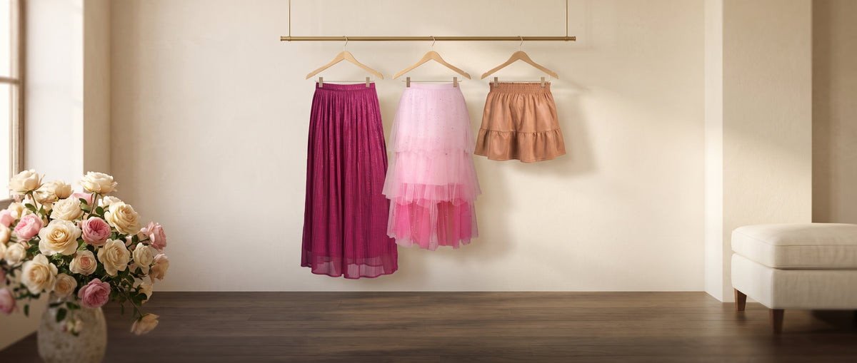 Skirts together: a sparkly pleated maxi skirt, a layered pink tulle skirt and a beige ruffle skort