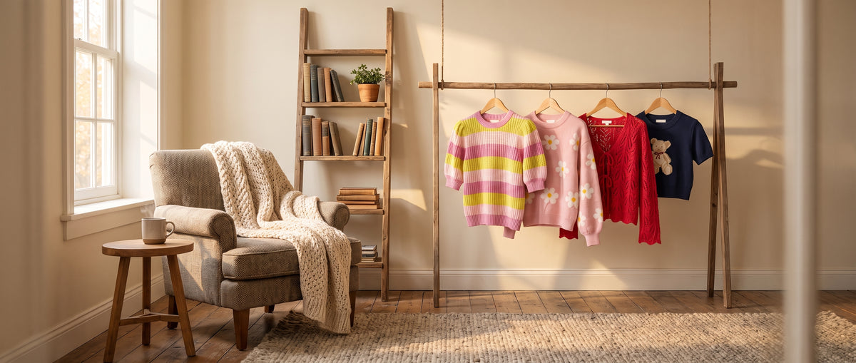 Striped, daisy, red lace and teddy bear sweaters on a wooden rail in a cosy room with an armchair and bookshelf