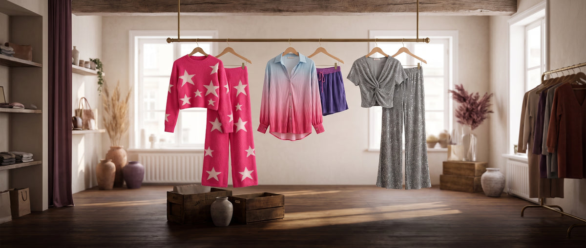 Three matching sets on a rail in a bright atelier: pink star knit, ombre shirt with shorts, and silver sequin top with wide pants