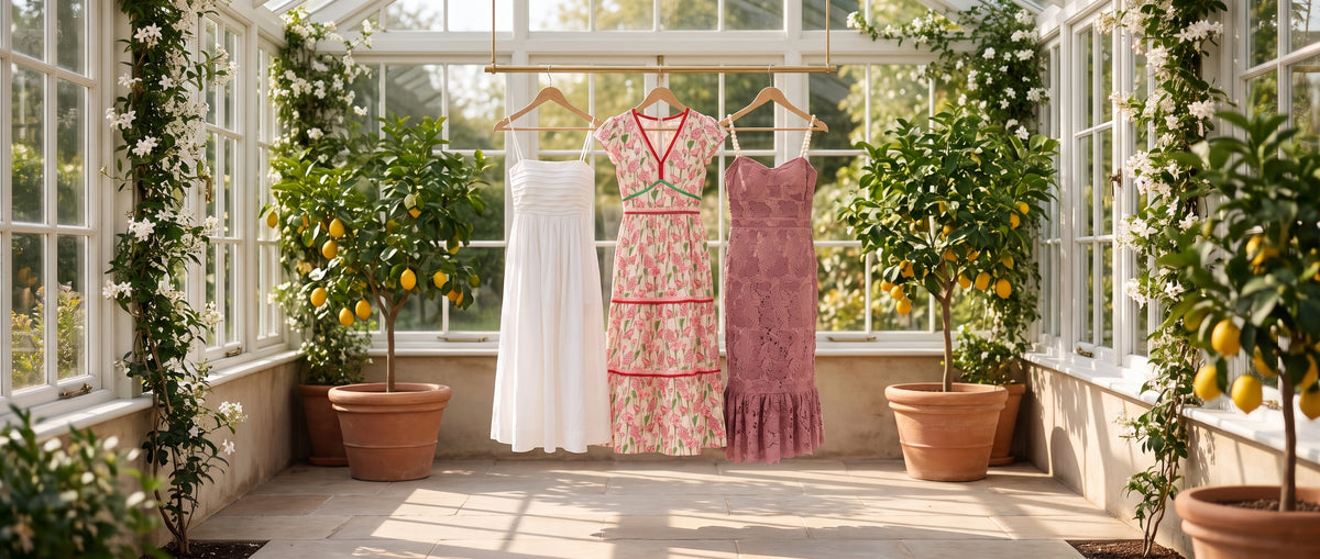 White pleated, pink tulip-print and rose lace midi dresses on a brass rail in a glasshouse with lemon trees and jasmine