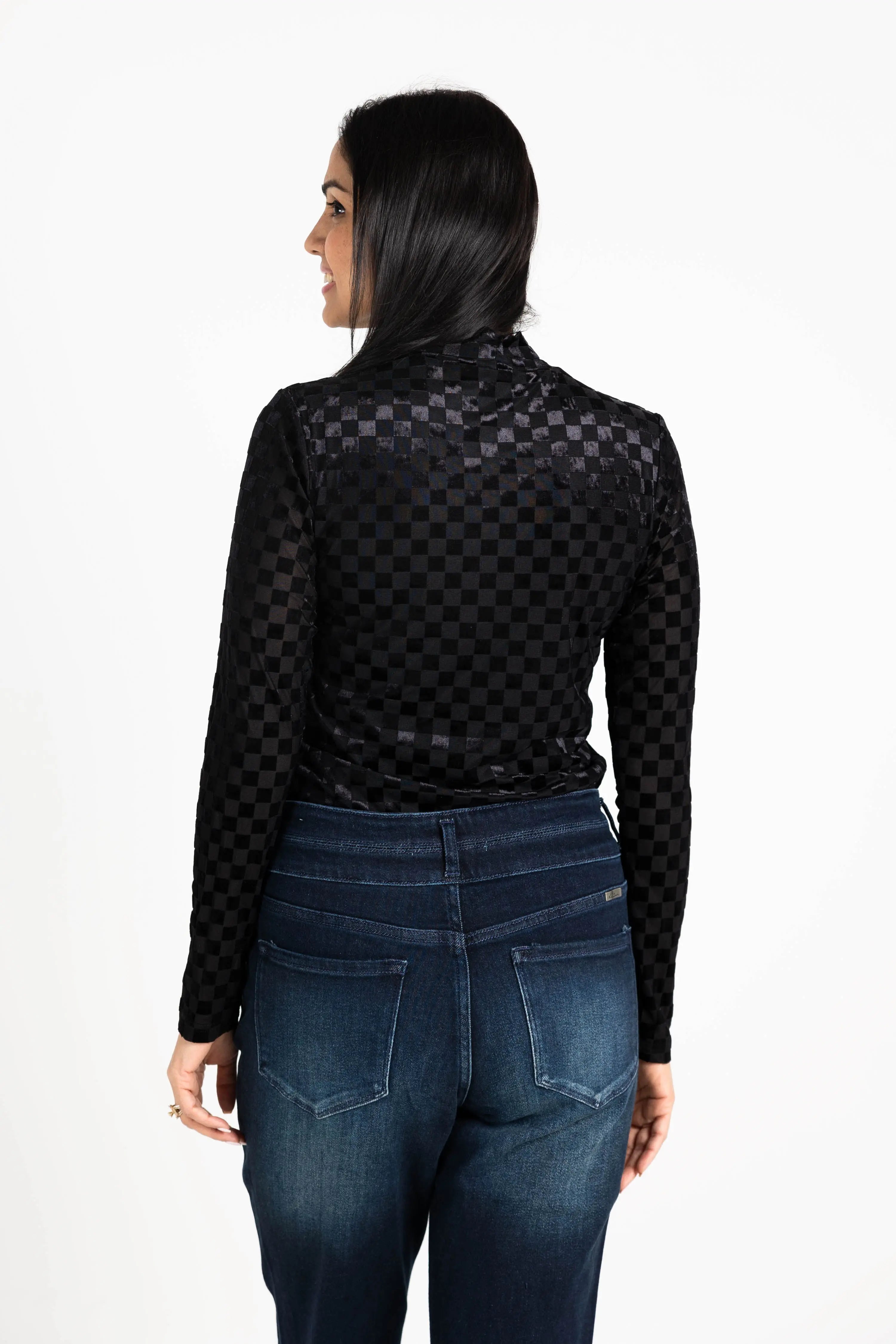 Everybody Needs Someone Velvet Checker Mock Neck Top KORI