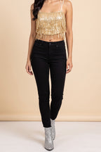 Gold Dancing in the Moonlight sequin fringe cami, front view.