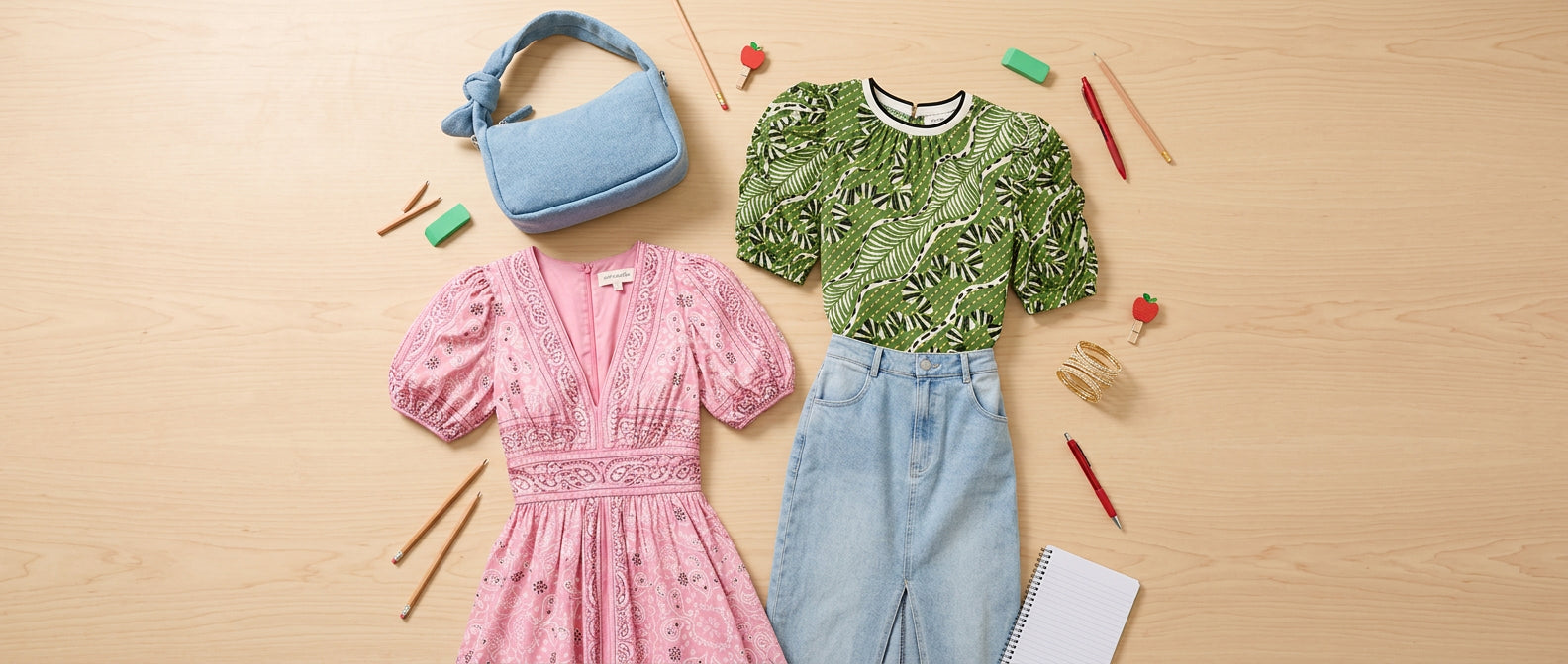 Styled classroom flat-lay building one teacher outfit with the denim crossbody bag, paisley dress, gold bangle, green puff-sleeve top, and denim midi skirt together on a clean bright surface with school supplies, every item clearly visible,