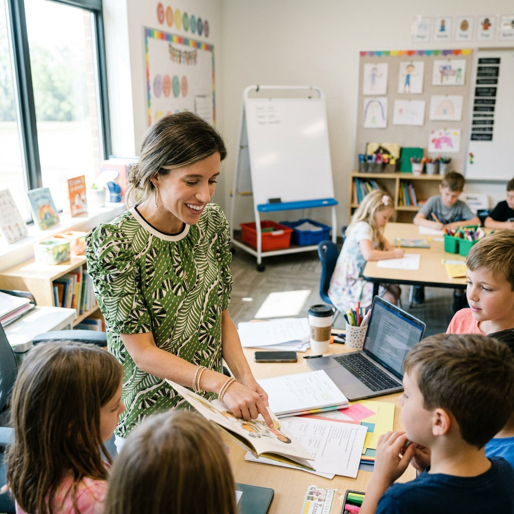 Teacher lifestyle scene featuring the green puff-sleeve top styled in a bright classroom for a busy weekday; current, easy, appropriate, cheerful natural light, no text in scene.  (sources: 1)