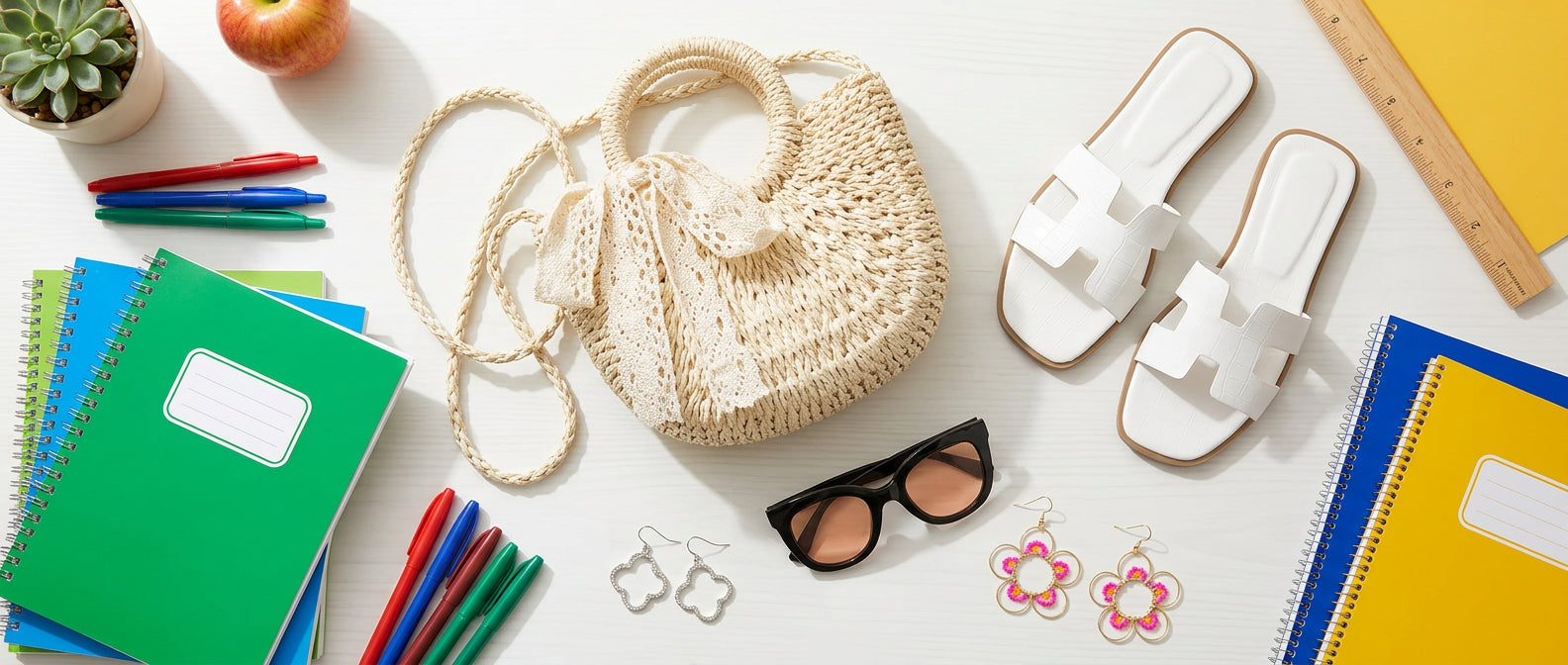 Styled teacher-accessories flat-lay with the straw crossbody bag, silver earrings, floral earrings, black sunglasses, and white slide sandals on a bright desk surface with school-year essentials, every item clearly visible, no text in scene