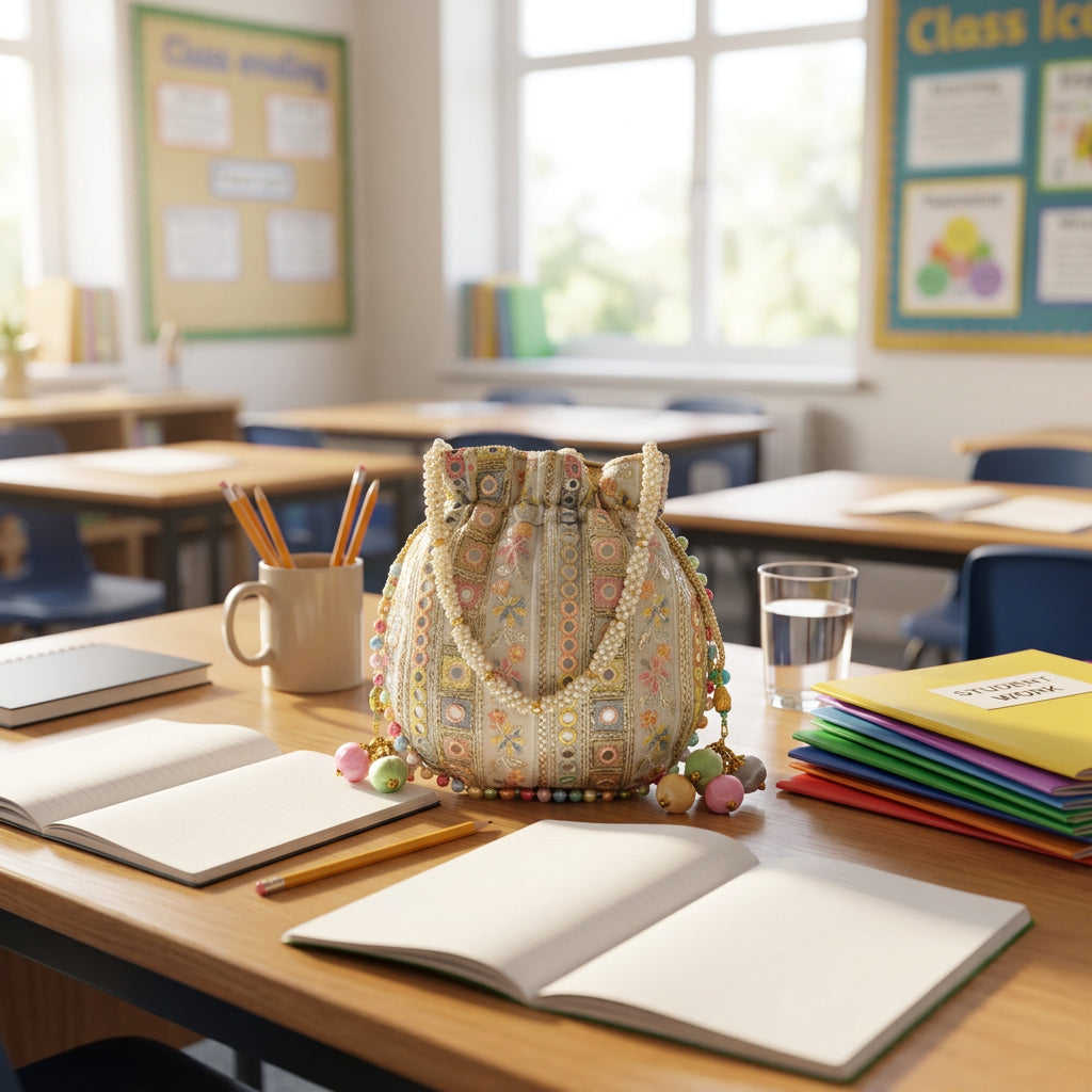 Styled classroom accessories scene featuring the embroidered handbag on a teacher desk with notebooks and soft daylight; colorful finishing piece for the school year, no text in scene.  (sources: 1)