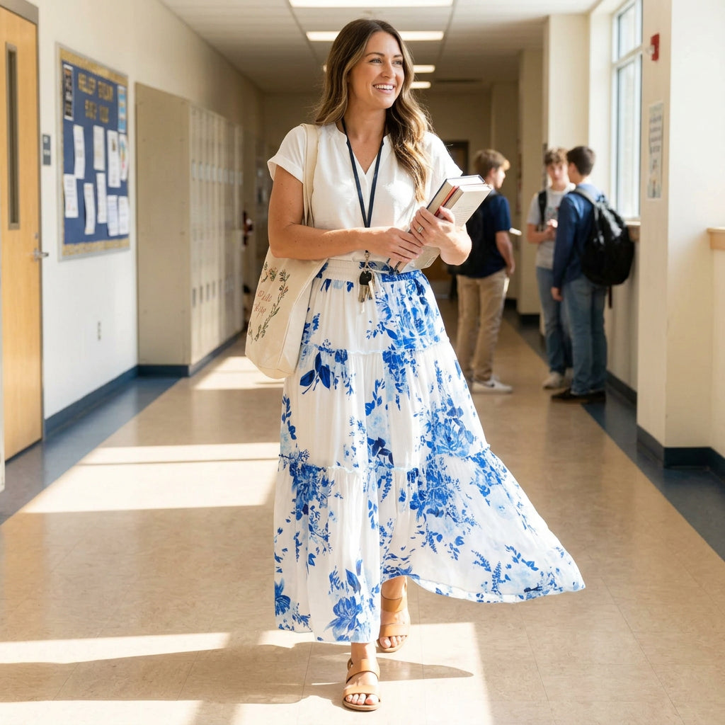 Teacher wardrobe lifestyle scene featuring the blue floral maxi skirt moving through a sunlit school hallway; expressive but easy for the school year, airy and polished, no text in scene.  (sources: 1)