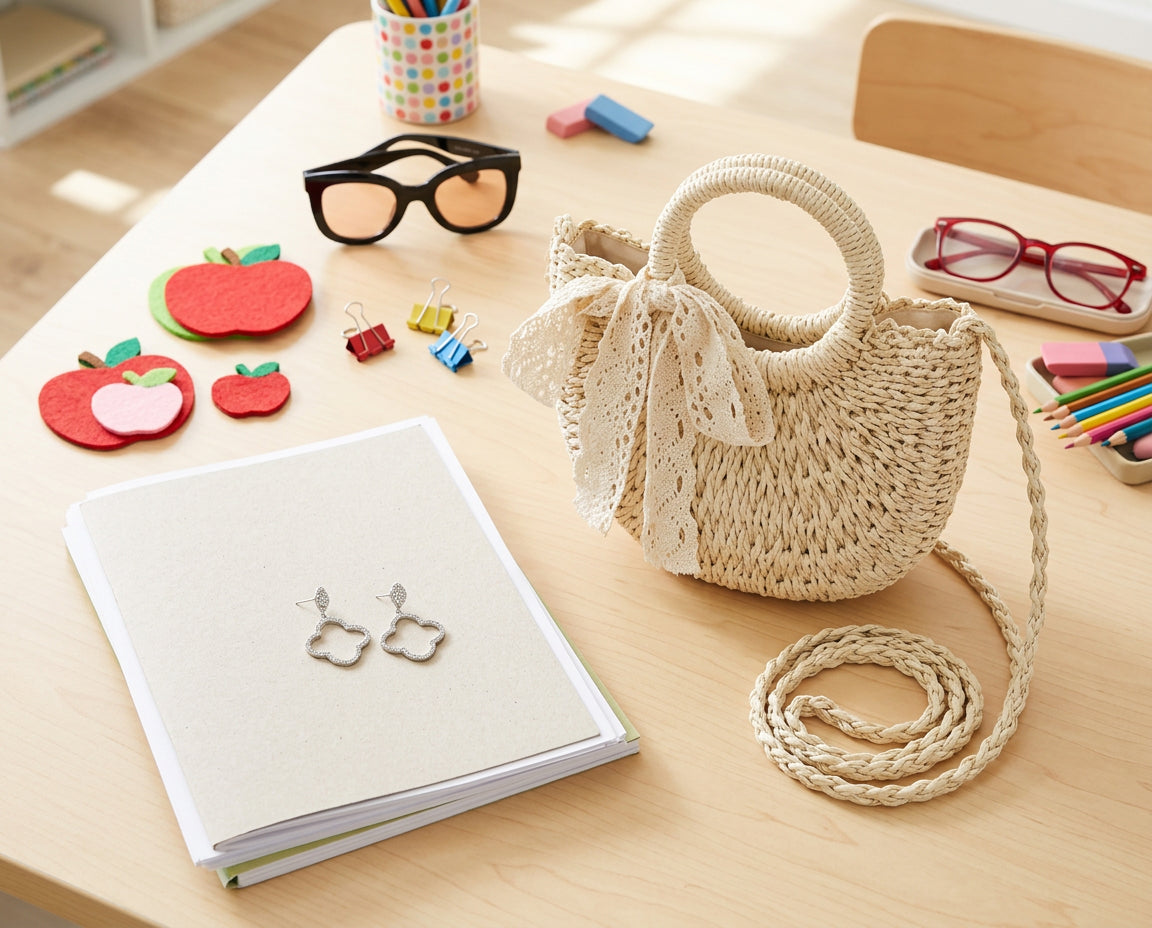 Styled accessories scene for a classroom-ready outfit featuring the straw crossbody bag, silver drop earrings, and oversized sunglasses arranged on a teacher desk with neat school-day props, bright and playful, no text in scene.  (sources: 