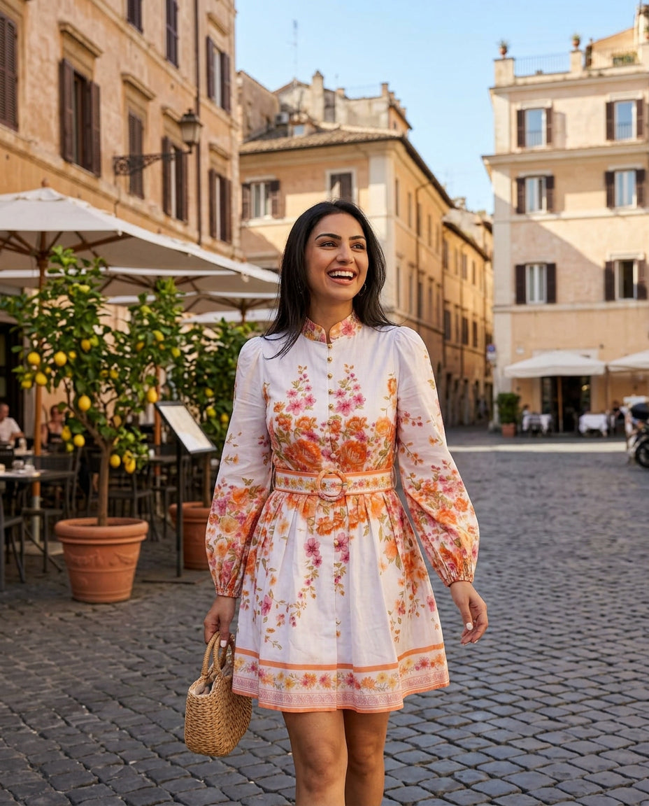 Playful sunny lifestyle image with one model wearing this floral mini dress, polished daytime setting, light and breezy summer mood, confident editorial styling, no text or signage.  (sources: 1)
