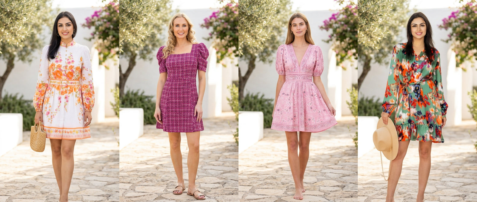Bright outdoor summer lifestyle scene with four models, each clearly wearing one of these dresses, styled together in an easy daytime editorial, full-body composition, airy spacing between models, sunny light, clean background, and room aro