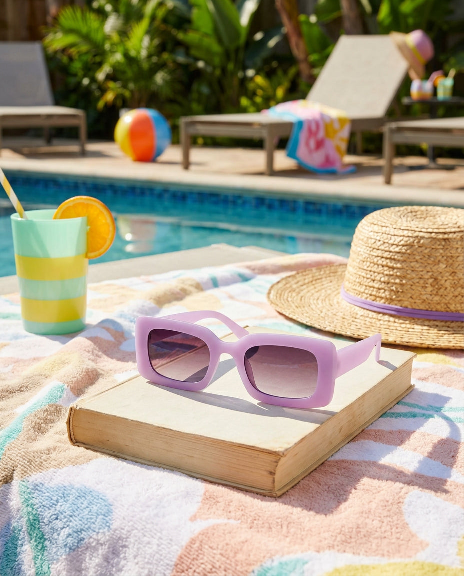 Purple rectangular sunglasses styled on a bright outdoor summer towel-and-book setup with playful poolside color, no text in frame.  (sources: 1)