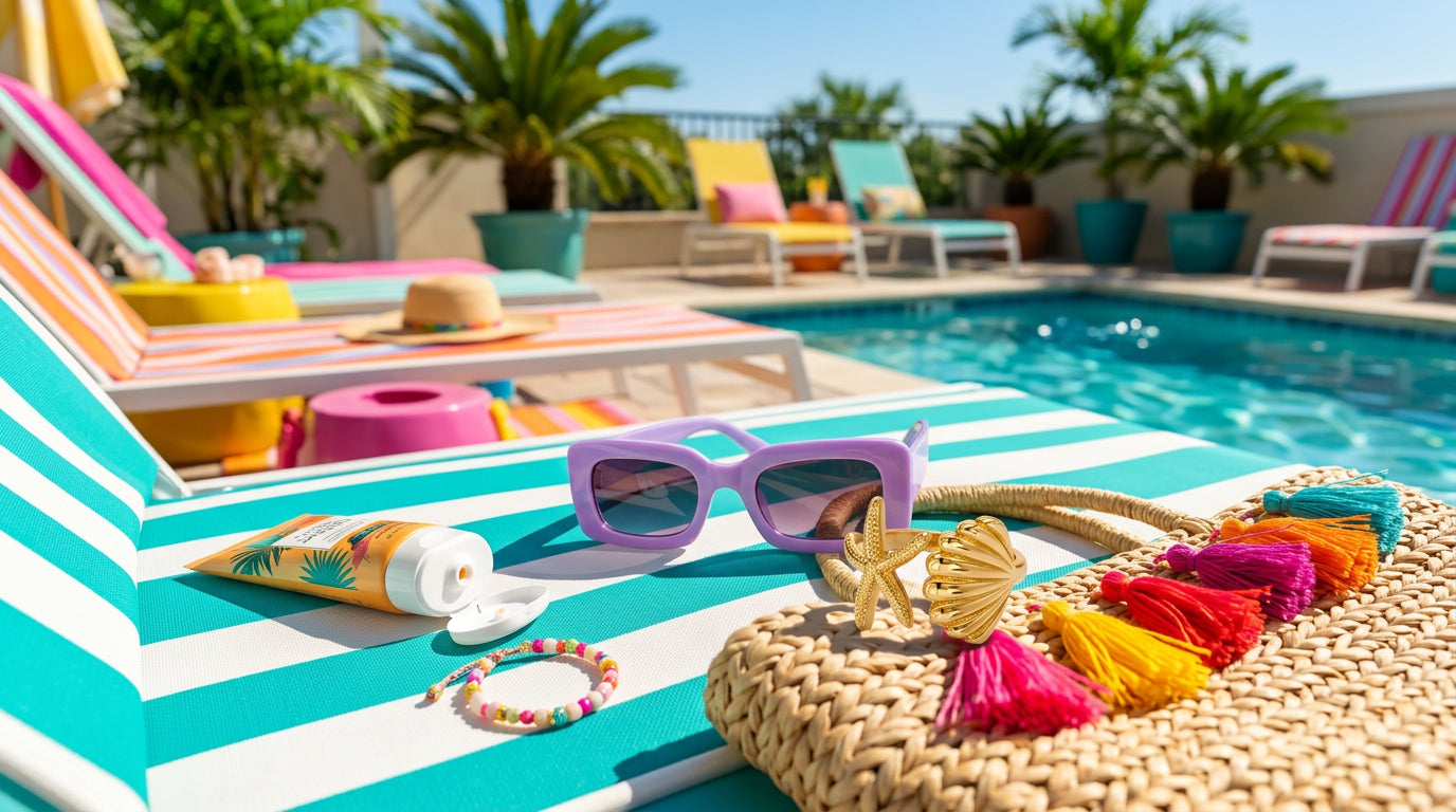 Outdoor summer accessories scene with the gold-plated wrap ring and purple rectangular sunglasses styled together on a sunlit lounger with bright playful vacation color, no text in frame.  (sources: 2)
