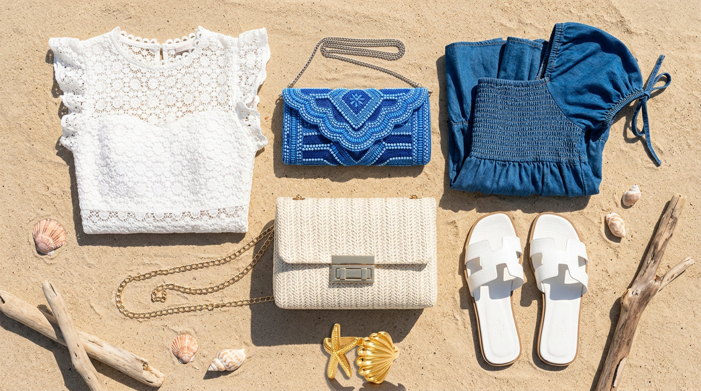 Playful outdoor summer packing flat-lay with two dresses folded neatly, the beaded blue clutch, the cream braided crossbody, the white slide sandals, and the adjustable gold-plated ring all clearly visible and separated on a bright vacation