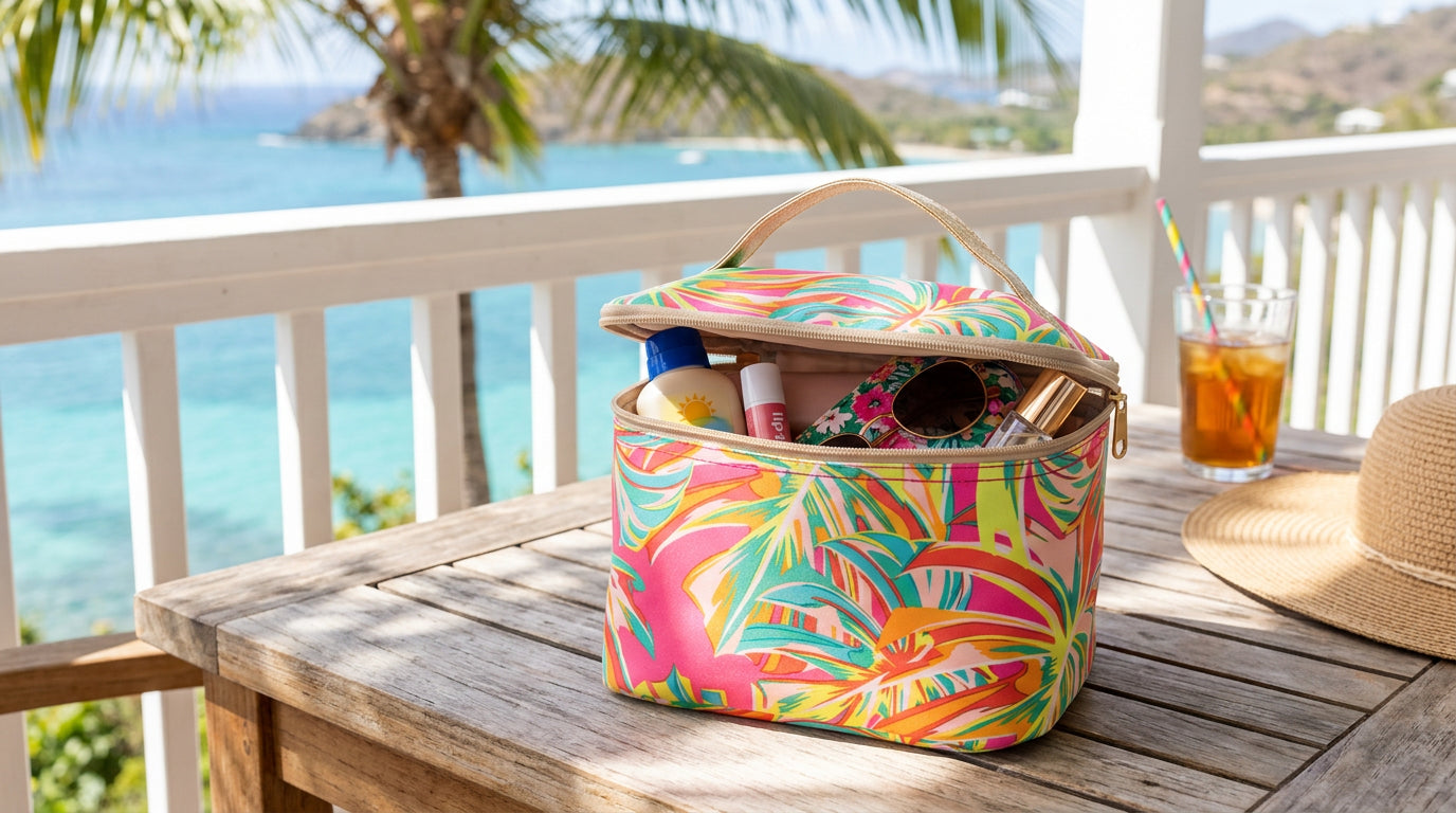 Colorful tropical cosmetic bag styled on a bright summer getaway balcony with travel-ready details and playful sunshine, no text in frame.  (sources: 1)