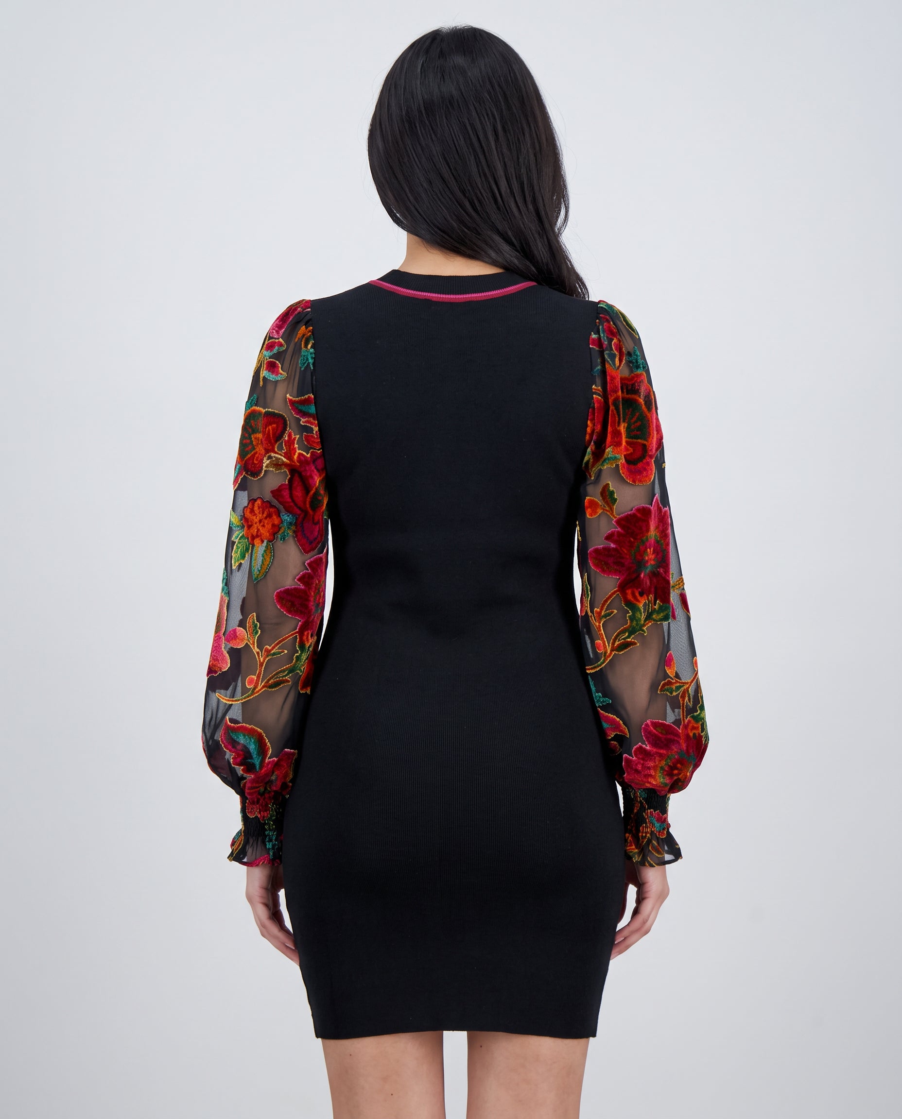 Back view of You're My Favorite Sweater Dress showing the rear fit, neckline, sleeves and mini hem.