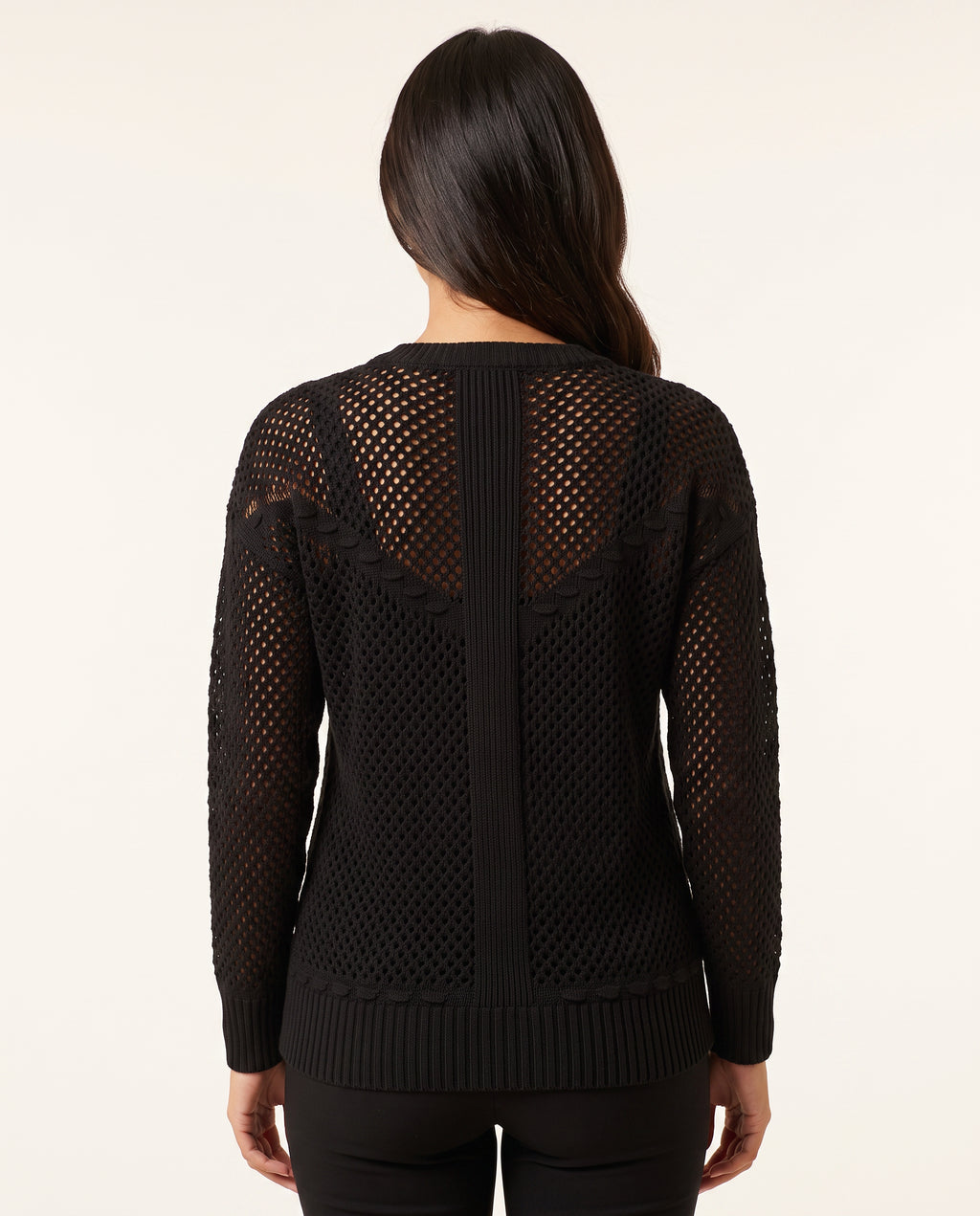 Back view of the Got My Reasons black crochet zip hoodie showing the hood and hem