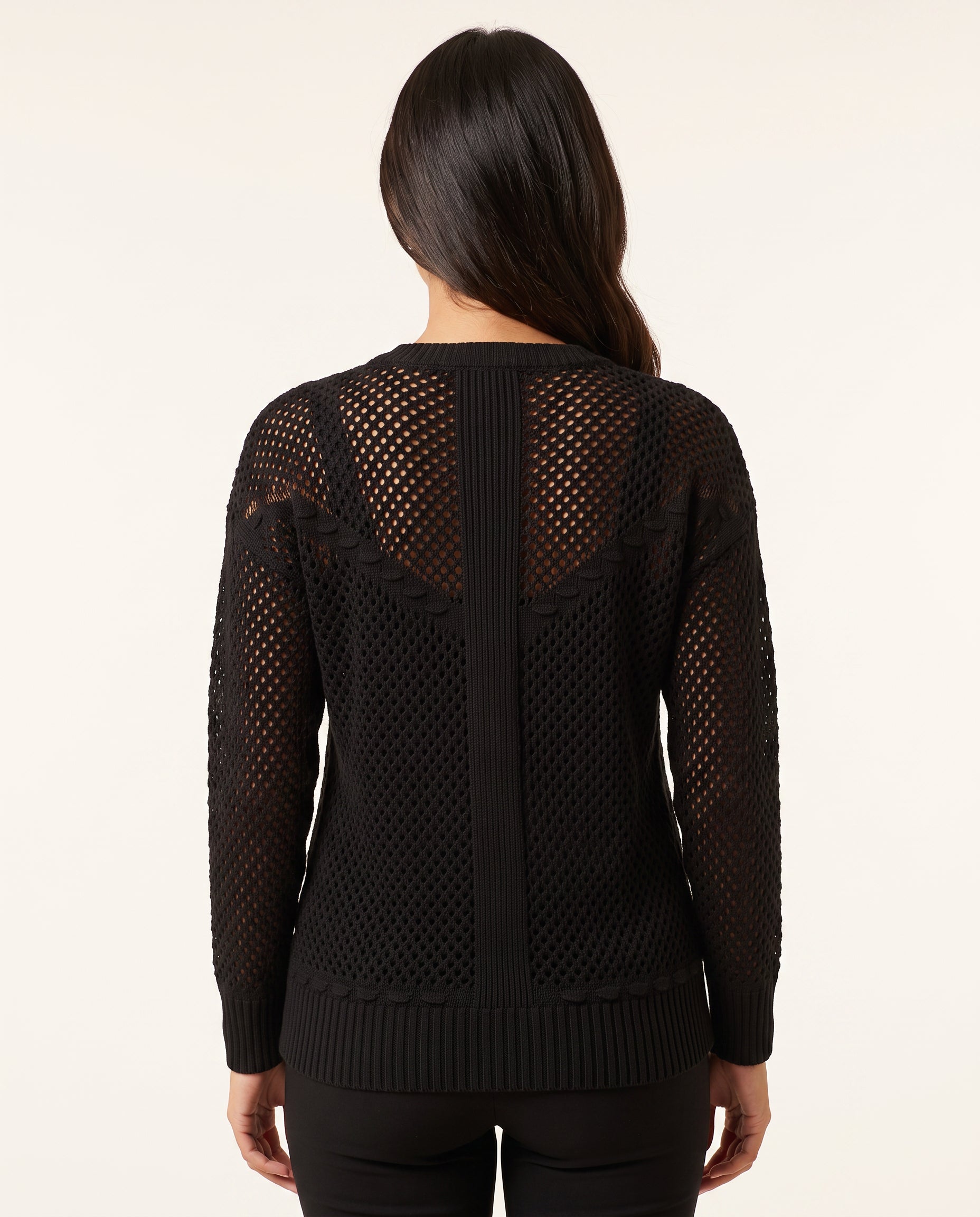 Back view of the Got My Reasons black crochet zip hoodie showing the hood and hem