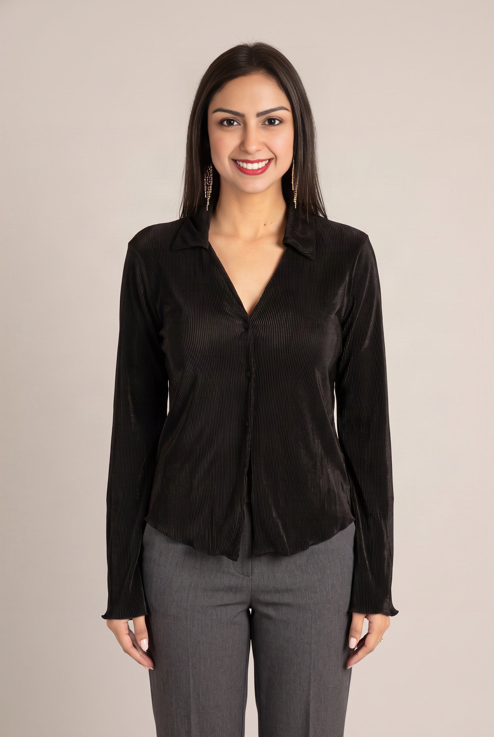 Front view of the Rolling in the Deep Pleated Top in Large Champagne showing its fit and bell sleeves.