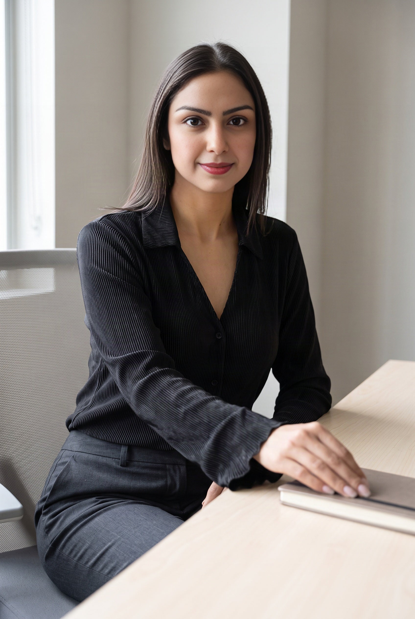 Large Champagne pleated top styled for work, showing the bell cuff while reaching across a desk.